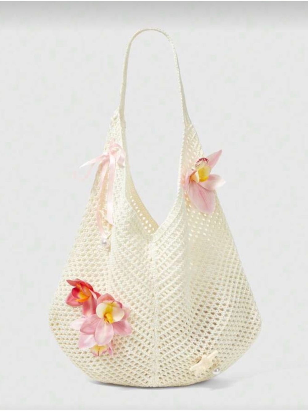 Cream Crochet Shoulder Bag with Pink Floral Accents
